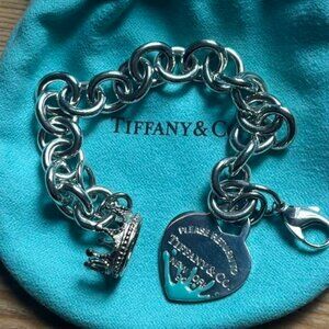 Tiffany & Co. Return Blue Splash Heart Bracelet w/ Crown Charm 6.5"